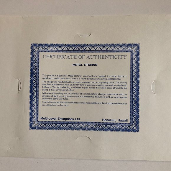 Honolulu Hawaii Multi-Level Enterprises Metal Etching With Certificate Pre-Owned - Picture 2 of 2